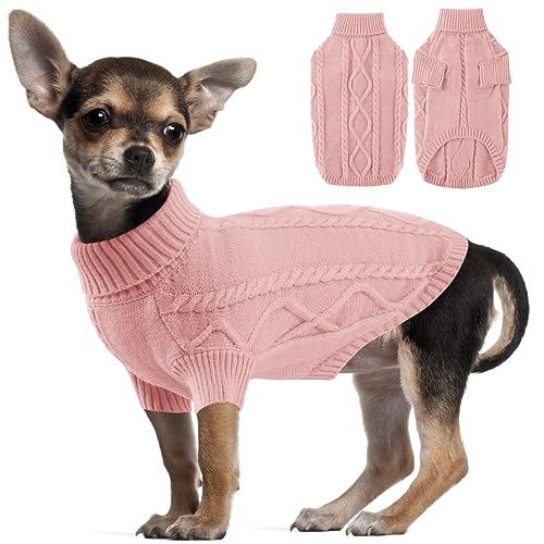 ALAGIRLS Dicker Atmungsaktiver Hundepullover Weihnachten, Rollkragen Strickpullover Haustier Pullover, Hundekleidung für Französische Bulldogge, Winter Warm Chihuahua Outfits Bekleidung, DustyRose XL von ALAGIRLS