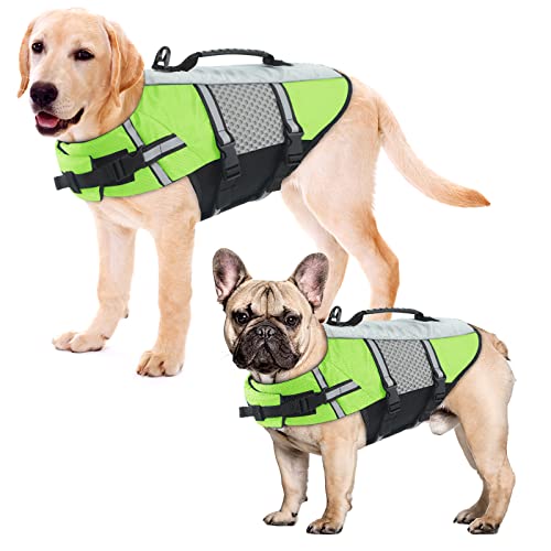 ALAGIRLS Hund Rettungsweste, Haustier Schwimmweste Jacken mit Hohem Auftrieb, Justierbare Ripstop Sicherheit Float Rettungsweste für Große Hunde am Booting Beach Pool ALADLJ002 Green XS von ALAGIRLS