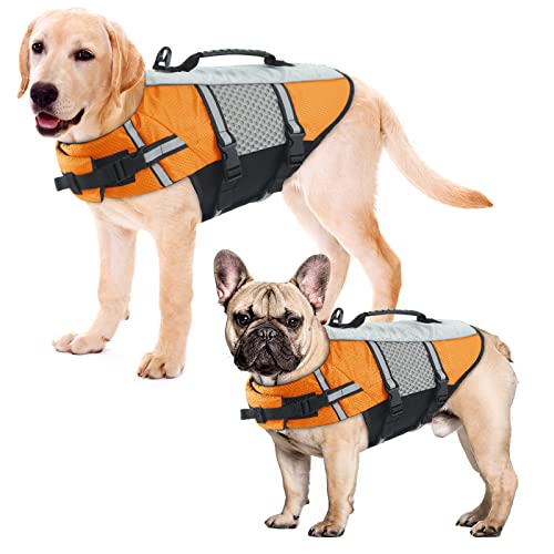 ALAGIRLS Einstellbare Hund Lifesaver Preserver Pet Badeanzug mit Rettungsgriff für Schwimmen Boating Jagd, Ripstop Hund Sicherheitsweste mit Ausgezeichnetem Auftrieb für Hunde ALADLJ002-XIN-Orange M von ALAGIRLS