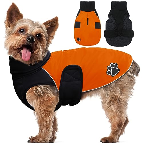 ALAGIRLS Hundemantel Kleine Hunde Winter, Warme Hundejacke Winddichte, Reflektierender Gefüttert Warmer Regenmantel Kleiner Hund, Haustierkleidung Outfit für kleine Hunde mit Geschirrloch, Orange S von ALAGIRLS