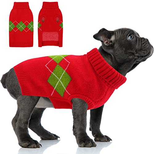 Klassischer Haustier Pullover Rollkragen, Katze Hund Pullover Weste Gestrickte Winterpullover mit Rautenmuster, Hund Welpenkleidung Weicher Warmer Pullover für Kleine Hunde, Red S von ALAGIRLS