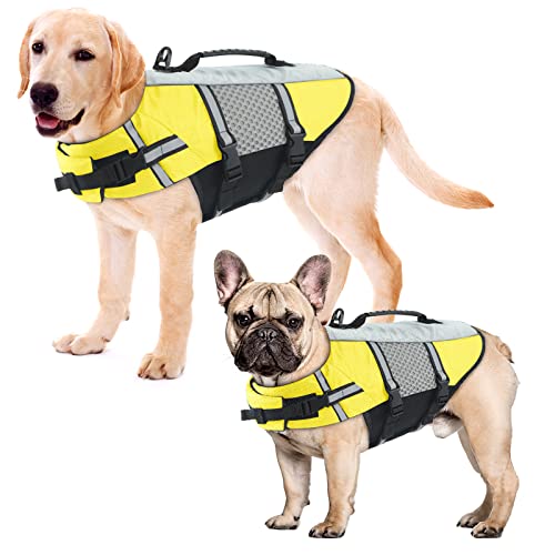 ALAGIRLS Kleine Hund Rettungsweste, Hund Sicherheit Schwimmweste mit Reflektierenden Streifen, Pet Life Preserver Jacke mit Rettungsgriff für Kleine Hunde am Schwimmen ALADLJ002 Yellow M von ALAGIRLS