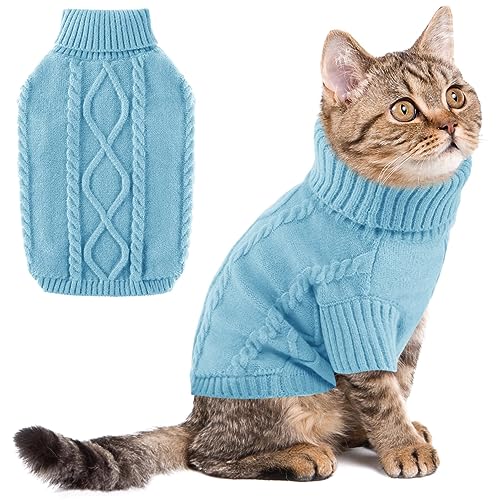 ALAGIRLS Winter Dicker Warmer Hundepullover Welpenkleidung, Weiche Hundekleidung für kleine Hunde, Rollkragen Strickpullover Katzenpullover Haustier Outfits Bekleidung, LightBlue XS von ALAGIRLS