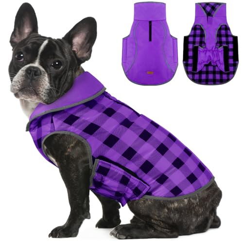 Klassischer Karierter Hunde Wintermantel, Britischen Stil Wintermantel, Reflektierende Winddichte Hundeweste, Wendbare wasserdichte Hunde Schneejacke Haustierbekleidungs Outfits, Purple L von ALAGIRLS