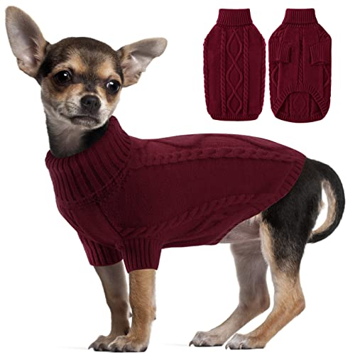 Dicker Atmungsaktiver Hundepullover Weihnachten, Rollkragen Strickpullover Haustier Pullover, Hundekleidung für Französische Bulldogge, Winter Warm Chihuahua Outfits Bekleidung, Burgund XL von ALAGIRLS