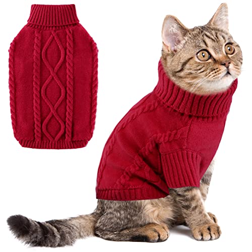 Haustier Katze Hund Pullover, Hundepullover für Kleine Hunde, Winter Warmer Sweater Mantel Welpen Kleidung, Weiche Baumwolle Strickbekleidung Kaltes Wetter, Haustier Kleidung für Chihuahua Red XS von ALAGIRLS