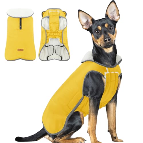 Hund Fleece Hundemantel mit Reißverschluss Hunderegenmantel Wasserdicht Hundemantel Grosse Hunde Kaltes Wetter Winter Warme Jacke für Kleine Mittlere Große Hunde Yellow M von ALAGIRLS