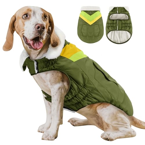 Hundemantel Hundejacke für Große Hunde Warme Hoher Kragen Baumwolle Winterhundemäntel mit Klettverschluss ALADC1104-ArmyGreen-XXL von ALAGIRLS