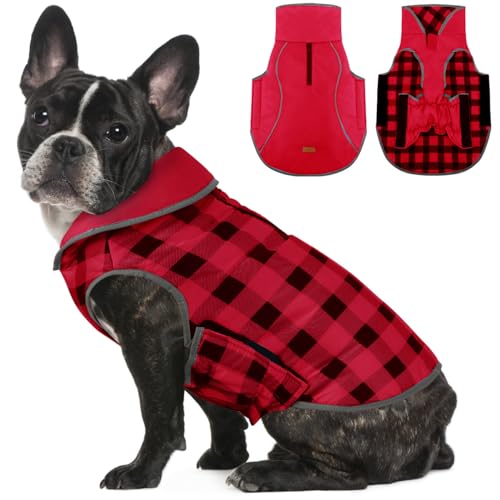 Hundemantel Winter Wasserdicht Mit Bauchschutz, British Style Plaid Kaltes Wetter Hundemantel, Reflektierende Hundeweste Kleidung, Warme Hundeschneejacke Bekleidung Outfits, Rot L von ALAGIRLS