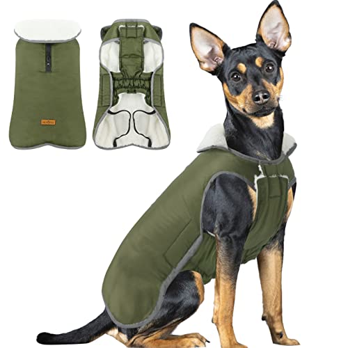 Hundemantel Winter Wasserdicht mit Bauchschutz, Winter Hundejacke Französische Bulldogge, Hunderegenmantel mit Sicheren Reflexstreifen, Reflektierend Hundepullover Fleece Kleine Hunde, ArmyGreen S von ALAGIRLS