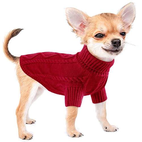 Hundepullover Kleine Hunde, Winter Rollkragen Katzenpullover Kleidung Haustiermantel Welpenpullover, Strickpullover, Zopfmuster, Warm, Weich Red XL von ALAGIRLS