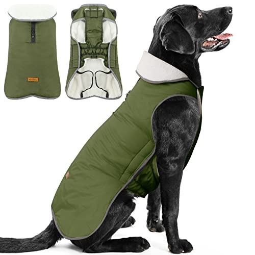 Wasserdichter Hundemantel, Fleece Hundejacke Winter Winddichter Warmer Hunderegenmantel für Mittelgroße bis Große Hunde mit Sicheren Reflexstreifen, ArmyGreen XXL von ALAGIRLS