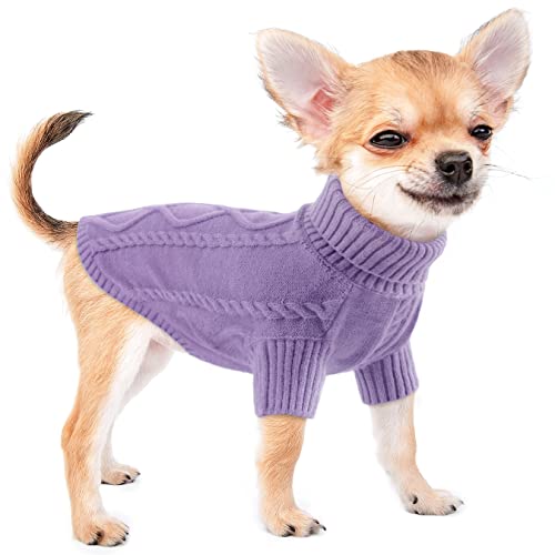 Rollkragen Hundepullover Kleine Hunde, Winter Katzenpullover Haustiermantel, Strickpullover, Zopfmuster, Warm, Weich Welpenpullover für Chihuahua, Bulldogge, Dackel, Mops, Yorkie Purple XL von ALAGIRLS