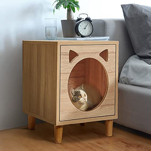 ALEjon 3-in-1-Katzenhausbett, Indoor-Katzenwürfel-Eigentumswohnung aus Holz, multifunktionales Haustierbettzimmer, Verwendung als Nachttisch-Beistelltisch, niedliche dekorative Möbel (Farbe: Natur) von ALEjon