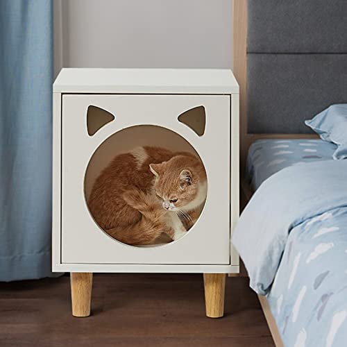 ALEjon 3-in-1-Katzenhausbett, Indoor-Katzenwürfel-Eigentumswohnung aus Holz, multifunktionales Haustierbettzimmer, Verwendung als Nachttisch-Beistelltisch, niedliche dekorative Möbel (Farbe: Weiß) von ALEjon