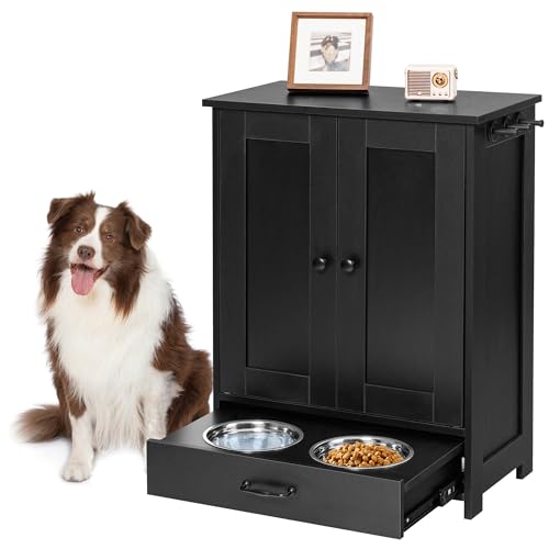 ALINE FURNITURE Hundefutter-Aufbewahrungsschrank - Hundefutterstation Holz - Schublade Hundefutterstation mit 2 erhöhten Hundenäpfen - Versteckte Futterstation für Hund & Katze, Schwarz von ALINE