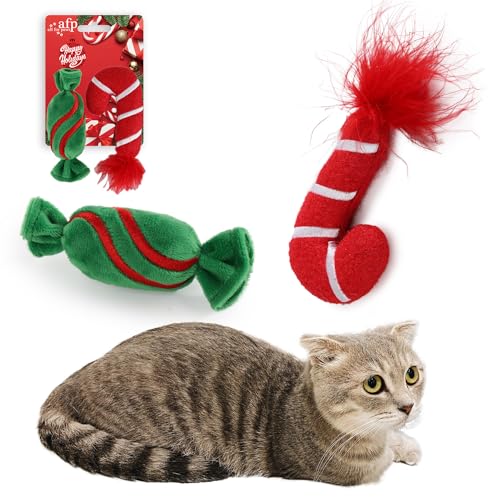 ALL FOR PAWS Katzen-Weihnachtsspielzeug mit Knistergeräusch, mit Katzenminze gefüllte Zuckerstangen- und Zuckerstangen-Designs, 2er-Pack Sets zum Spielen, Beißen und Kauen von ALL FOR PAWS