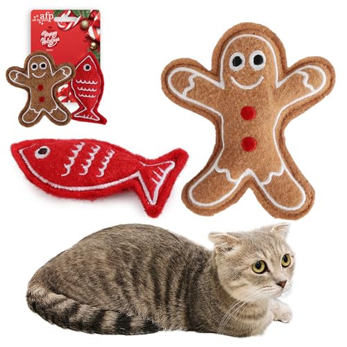 ALL FOR PAWS Verlockendes Katzenspielzeug mit Knistergeräusch, mit Katzenminze gefüllter Lebkuchenmann und Fisch-Designs, 2er-Pack Sets für Spiel-, Beiß- und Kautraining von ALL FOR PAWS