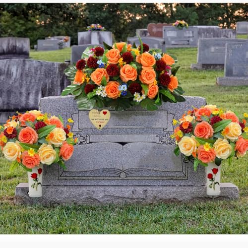 ALL SPECIAL Grabstein-Blumensattel, der nie von starken Winden weggeblasen wird, Grabsattel Blumen für Friedhof, Frühlingsthema, Grabstein-Sattelarrangements, Grabsteinsattel, florales orangefarbenes von ALL SPECIAL