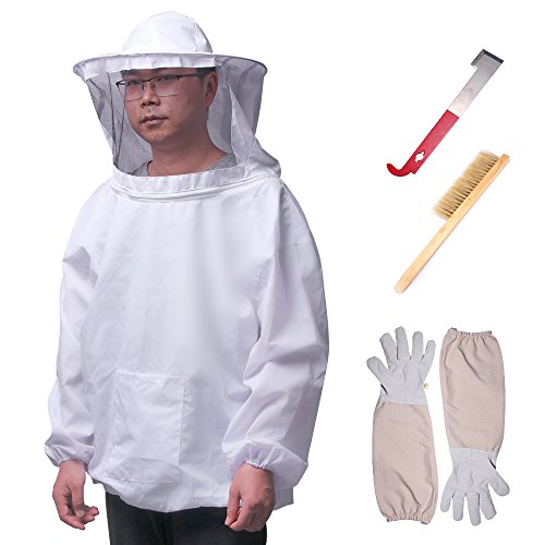 ALLOMN Bienenzucht Set, Imkeranzug Werkzeug Set Imkerausrüstung Bienenenzucht Schleier Atmungsaktive Anzug Jacke Lange Ärmel Handschuhe Bienenenstockbürste J Haken 4 Stück von ALLOMN