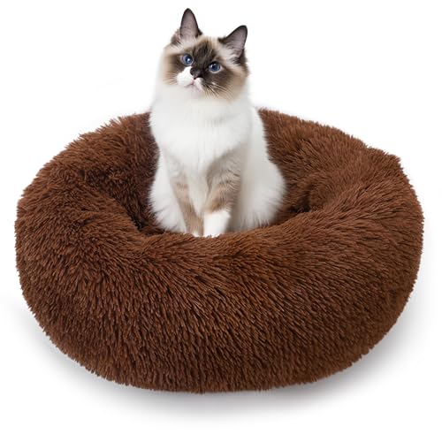 ALLSOPETS Beruhigendes Hundebett für Kleine und Mittelgroße Hunde Waschbares Donut-Katzenbett mit Rutschfester Unterseite Weiches Rundes Plüsch-Hundebett (Dunkelbraun, 50cm) von ALLSOPETS