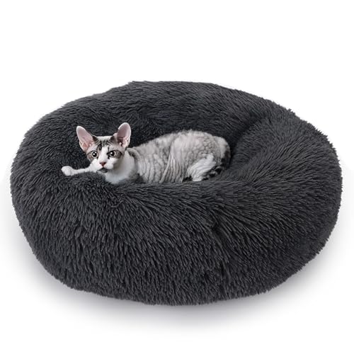 ALLSOPETS Beruhigendes Hundebett für Kleine und Mittelgroße Hunde Waschbares Donut-Katzenbett mit Rutschfester Unterseite Weiches Rundes Plüsch-Hundebett (Dunkelgrau, 50cm) von ALLSOPETS