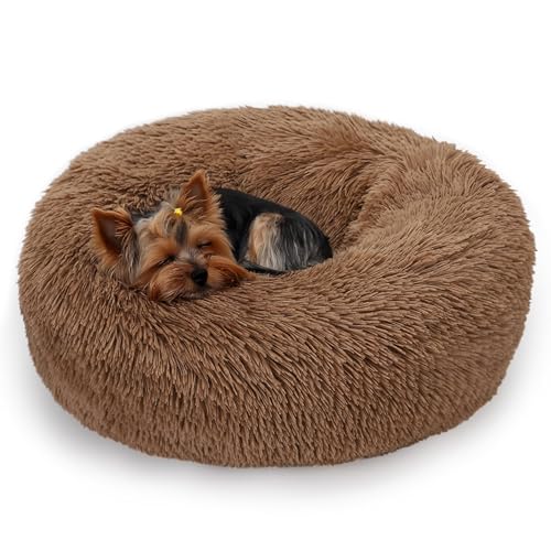 ALLSOPETS Beruhigendes Hundebett für Kleine und Mittelgroße Hunde Waschbares Donut-Katzenbett mit Rutschfester Unterseite Weiches Rundes Plüsch-Hundebett (Hellbraun, 50cm) von ALLSOPETS