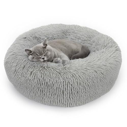 ALLSOPETS Beruhigendes Hundebett für Kleine und Mittelgroße Hunde Waschbares Donut-Katzenbett mit Rutschfester Unterseite Weiches Rundes Plüsch-Hundebett (Hellgrau, 50cm) von ALLSOPETS