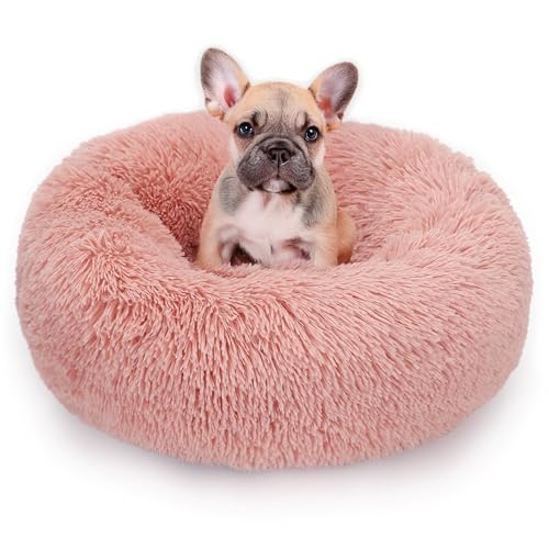 ALLSOPETS Beruhigendes Hundebett für Kleine und Mittelgroße Hunde Waschbares Donut-Katzenbett mit Rutschfester Unterseite Weiches Rundes Plüsch-Hundebett (Kirschrosa, 50cm) von ALLSOPETS