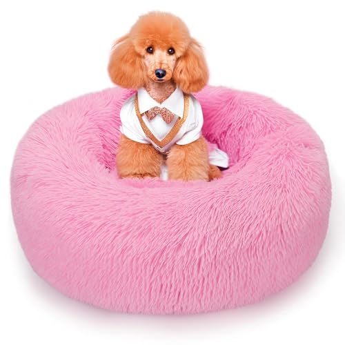 ALLSOPETS Beruhigendes Hundebett für Kleine und Mittelgroße Hunde Waschbares Donut-Katzenbett mit Rutschfester Unterseite Weiches Rundes Plüsch-Hundebett (Leuchtend Rosa, 50cm) von ALLSOPETS