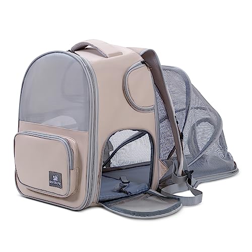 ALLSOPETS Erweiterbarer Faltbarer Katzenrucksack Hunderucksack bis 10 kg mit Mesh-Fenster Innensicherheitsleine und Haustiermatten Hundekatzenrucksack - Ideal für Reisen mit Haustieren, Khaki von ALLSOPETS