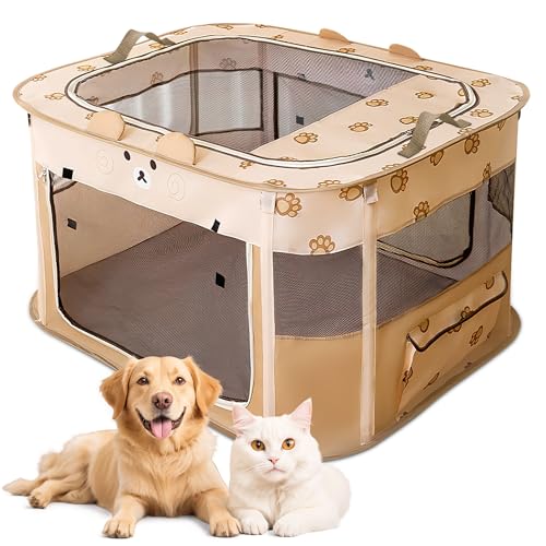 ALLSOPETS Faltbarer Haustierstall Tragbarer Katzen Laufstall Hunde Zelt Hundekäfig für Hund Welpe Freigehege Hundebox Kaninchen Zwinger mit Tragbar Handtasche (Brauner Bär, XL) von ALLSOPETS