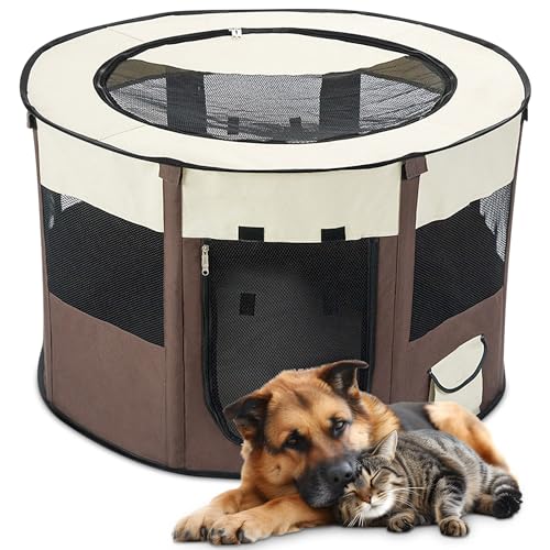 ALLSOPETS Faltbarer Haustierstall Tragbarer Katzen Laufstall Hunde Zelt Hundekäfig für Hund Welpe Freigehege Hundebox Kaninchen Zwinger mit Tragbar Handtasche (Braun, L) von ALLSOPETS