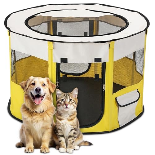 ALLSOPETS Faltbarer Haustierstall Tragbarer Katzen Laufstall Hunde Zelt Hundekäfig für Hund Welpe Freigehege Hundebox Kaninchen Zwinger mit Tragbar Handtasche (Gelb, XL) von ALLSOPETS