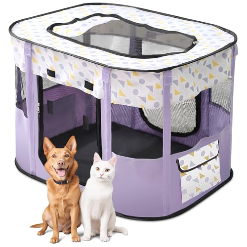 ALLSOPETS Faltbarer Haustierstall Tragbarer Katzen Laufstall Hunde Zelt Hundekäfig für Hund Welpe Freigehege Hundebox Kaninchen Zwinger mit Tragbar Handtasche (Lila Punkte, XL) von ALLSOPETS