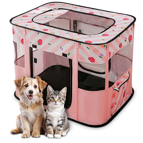 ALLSOPETS Faltbarer Haustierstall Tragbarer Katzen Laufstall Hunde Zelt Hundekäfig für Hund Welpe Freigehege Hundebox Kaninchen Zwinger mit Tragbar Handtasche (Rosa Erdbeeren, L) von ALLSOPETS