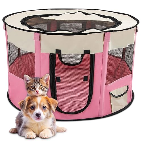 ALLSOPETS Faltbarer Haustierstall Tragbarer Katzen Laufstall Hunde Zelt Hundekäfig für Hund Welpe Freigehege Hundebox Kaninchen Zwinger mit Tragbar Handtasche (Rosa, XL) von ALLSOPETS