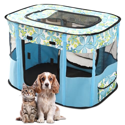 ALLSOPETS Faltbarer Haustierstall Tragbarer Katzen Laufstall Hunde Zelt Hundekäfig für Hund Welpe Freigehege Hundebox Kaninchen Zwinger mit Tragbar Handtasche (Blaue Blumen, XXL) von ALLSOPETS