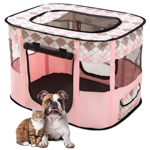 ALLSOPETS Faltbarer Haustierstall Tragbarer Katzen Laufstall Hunde Zelt Hundekäfig für Hund Welpe Freigehege Hundebox Kaninchen Zwinger mit Tragbar Handtasche (Rosa Karo, M) von ALLSOPETS