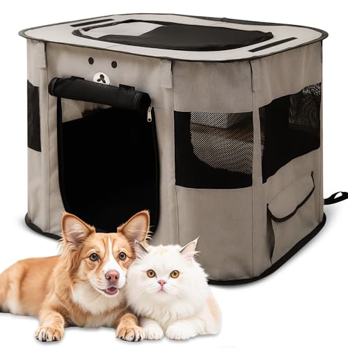 ALLSOPETS Faltbarer Haustierstall Tragbarer Katzen Laufstall Hunde Zelt Hundekäfig für Hund Welpe Freigehege Hundebox Kaninchen Zwinger mit Tragbar Handtasche (Aschgrau, XL) von ALLSOPETS