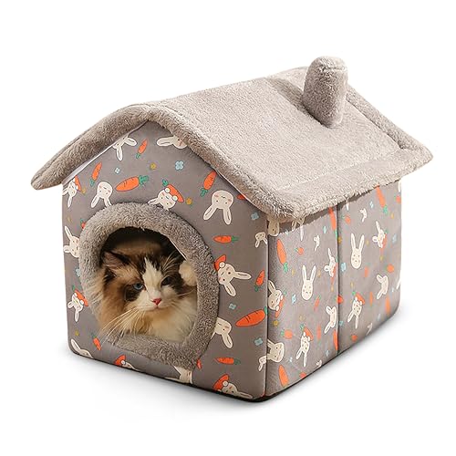 ALLSOPETS Faltbares Haustierhaus für Katzen Indoor Hundehütte mit Schornstein Weiches und Warmes Halbgeschlossenes Katzenbett mit Abnehmbarem Kissen für Kleine Hunde und Katzen Grau von ALLSOPETS