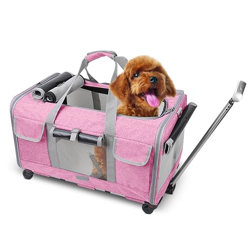 ALLSOPETS Große Haustier Tragetasche mit Rädern Rollender Katzen- und Hundeträger mit Teleskopgriff Tragbare Reisetasche für 2 kleine Hunde Mehrere Kätzchen oder Mittelgroße Hunde Rosa von ALLSOPETS