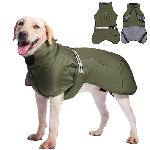 ALLSOPETS Hund Wintermantel Reflektierend Warme Hundejacke für Mittelgroße Große Hunde Winddichte Winterjacke mit Verstellbarem Bauchgurt und D-Ring für Leinenbefestigung (Armeegrün, 2XL) von ALLSOPETS