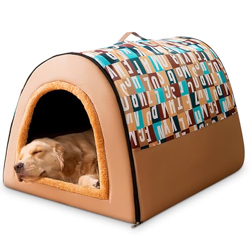 ALLSOPETS Hundebett 2-in-1 Faltbares Selbstwärmendes Haustierzelt Höhlenbett für Katzen und kleine bis mittelgroße Hunde Tragbares Hundehäuschen mit Griffen (Buchstabenbraun, XL) von ALLSOPETS