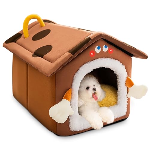 ALLSOPETS Hundehütte Cartoon Niedliches Katzenhaus Faltbare Hundehütte mit Abnehmbarem Kissen Katzen und Welpenunterkunft Winter Warmes Bequemes Haustierhütte (Braun,M) von ALLSOPETS