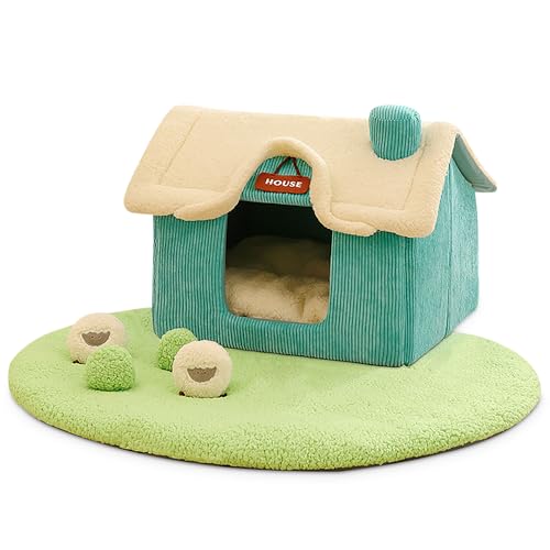 ALLSOPETS Hundehütte Hochwertiges Katzenhaus Abnehmbares Waschbares Welpenhaus Gemütliches Katzeniglu aus Plüsch Faltbares Geschlossenes Haus Geeignet für Hunde Katzen Kleintiere (Blaues Set) von ALLSOPETS