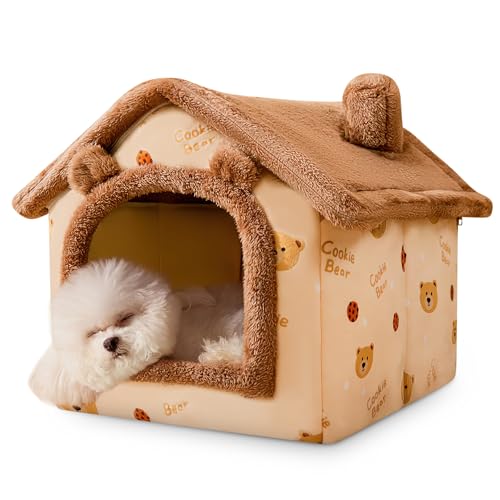 ALLSOPETS Hundehütte Indoor Faltbares Katzenhöhlenbett Warmes und Gemütliches Hundebett mit Abnehmbarem Kissen Bequemes Haustierbett für Hunde Katzen Welpen Kätzchen (Khaki, L) von ALLSOPETS