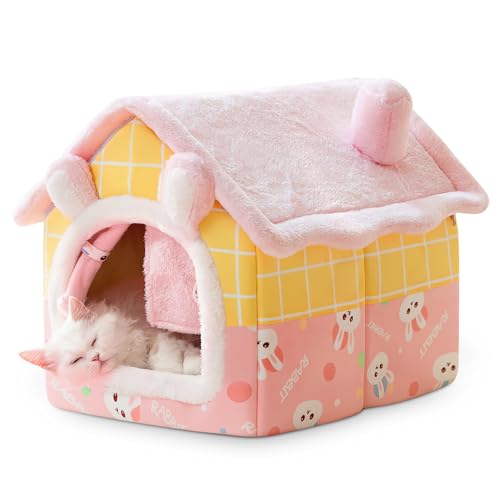 ALLSOPETS Hundehütte Indoor Faltbares Katzenhöhlenbett Warmes und Gemütliches Hundebett mit Abnehmbarem Kissen Bequemes Haustierbett für Hunde Katzen Welpen Kätzchen (Rosa, L) von ALLSOPETS