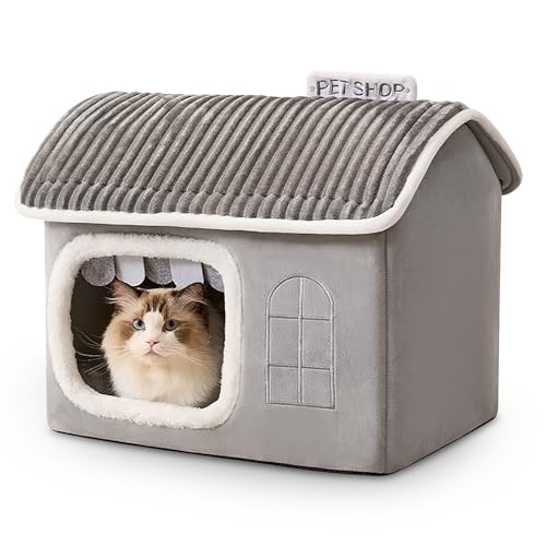 ALLSOPETS Hundehütte für Innenbereich Warmes Katzenhaus Faltbare Welpenhütte mit Abnehmbarem Kissen Geschlossene Hundehütte für Kleine Hunde und Katzen (Hellgrau, L) von ALLSOPETS