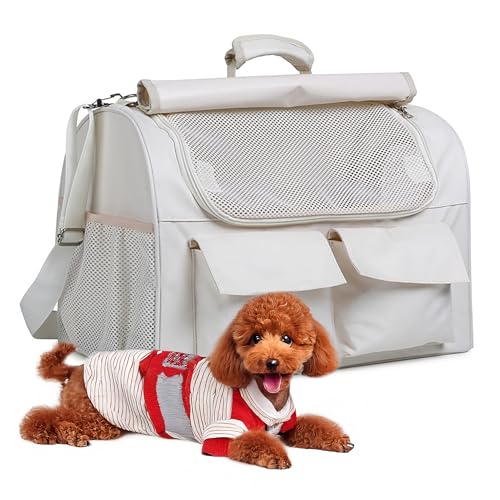 ALLSOPETS Hundetragetasche Katzentasche Faltbare Haustiertasche für Katzen und Hunde bis zu 9 kg Fluggesellschaft zugelassene kleine Hundetasche Weich Atmungsaktiv Langlebig Reisetasche Beige von ALLSOPETS